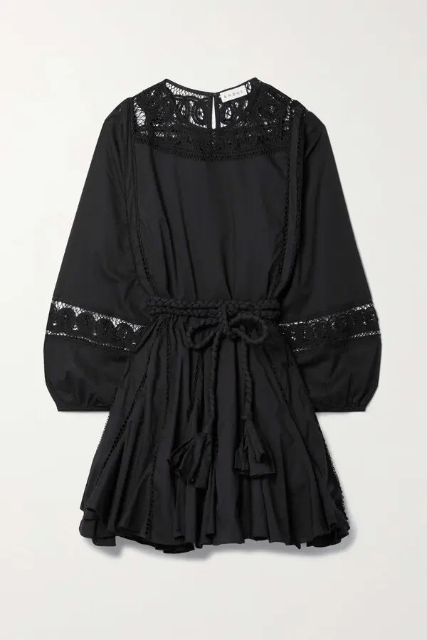 RHODE
Ella Belted Crochet-Paneled Cotton Mini Dress